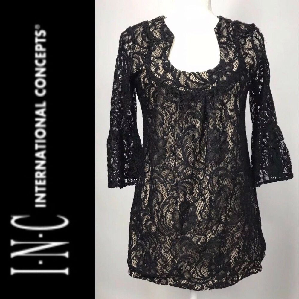 INC INTERNATIONAL Women's Blouse Top Floral Lace Over Lay Size 4 Long Sleeves